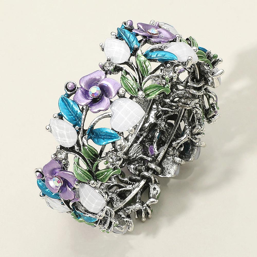 Madeline Love Green, Purple , Silver Burnished Glass Crystal Metal Flower Leaf Evening Bracelet - Bracelets