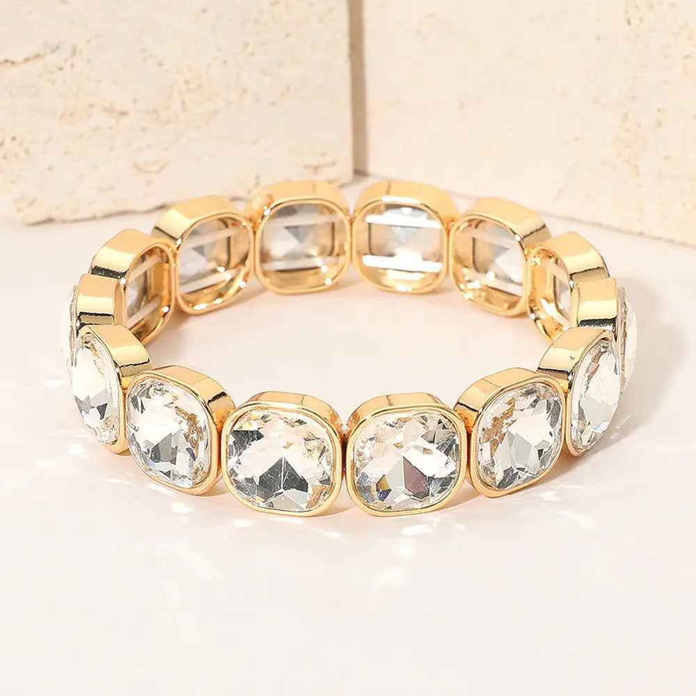 Madeline Love Clear, Gold Square Cut Gem Beaded Stretch Evening Bracelet - Bracelets