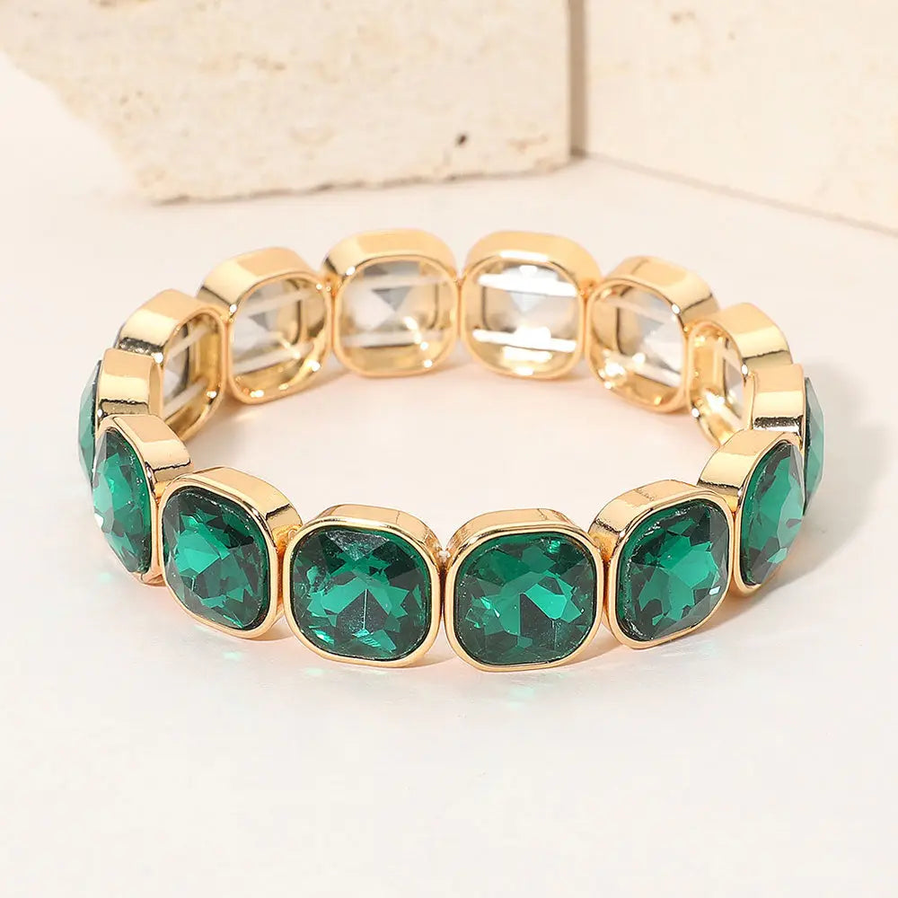Madeline Love Emerald, Gold Square Cut Gem Beaded Stretch Evening Bracelet - Bracelets