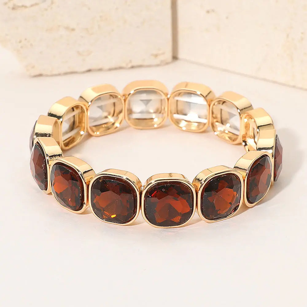 Madeline Love Brown, Gold Square Cut Gem Beaded Stretch Evening Bracelet - Bracelets