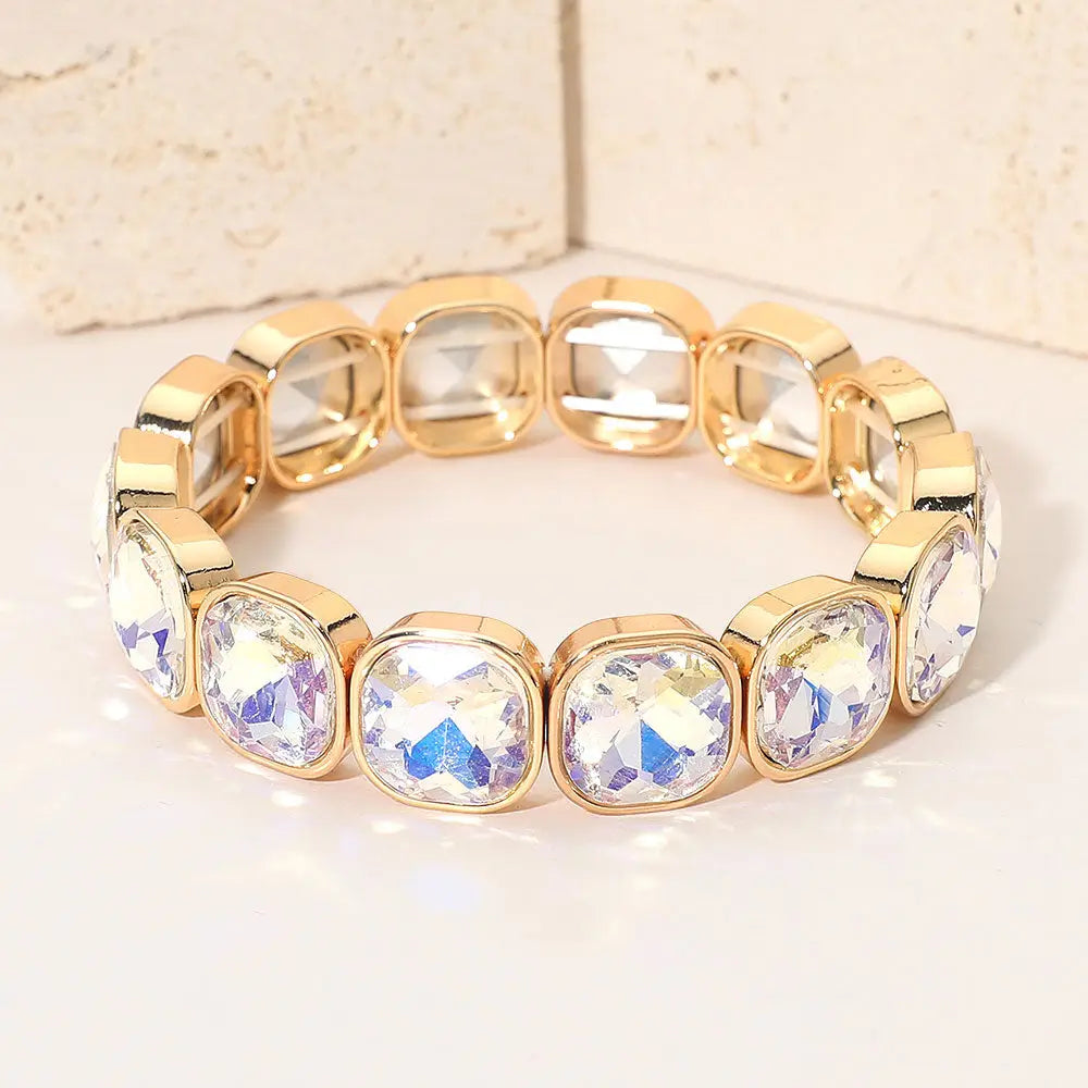 Madeline Love AB, Gold, Light Square Cut Gem Beaded Stretch Evening Bracelet - Bracelets