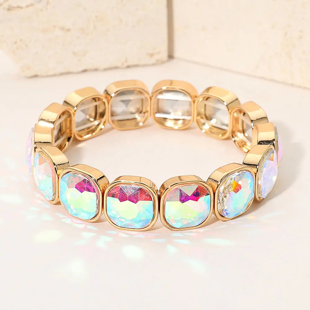 Madeline Love AB, Gold Square Cut Gem Beaded Stretch Evening Bracelet - Bracelets