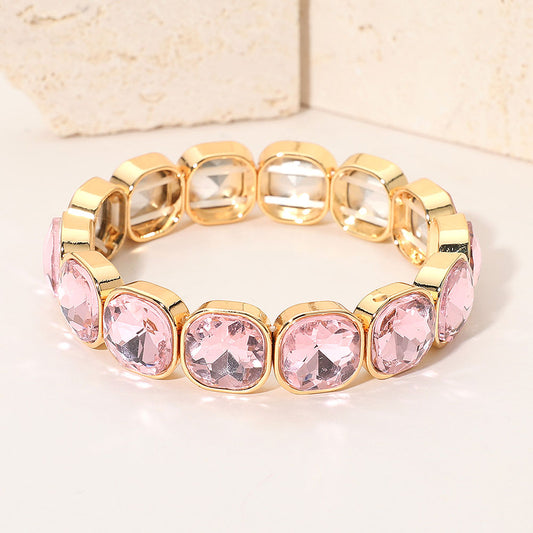 Madeline Love Gold, Pink Square Cut Gem Beaded Stretch Evening Bracelet