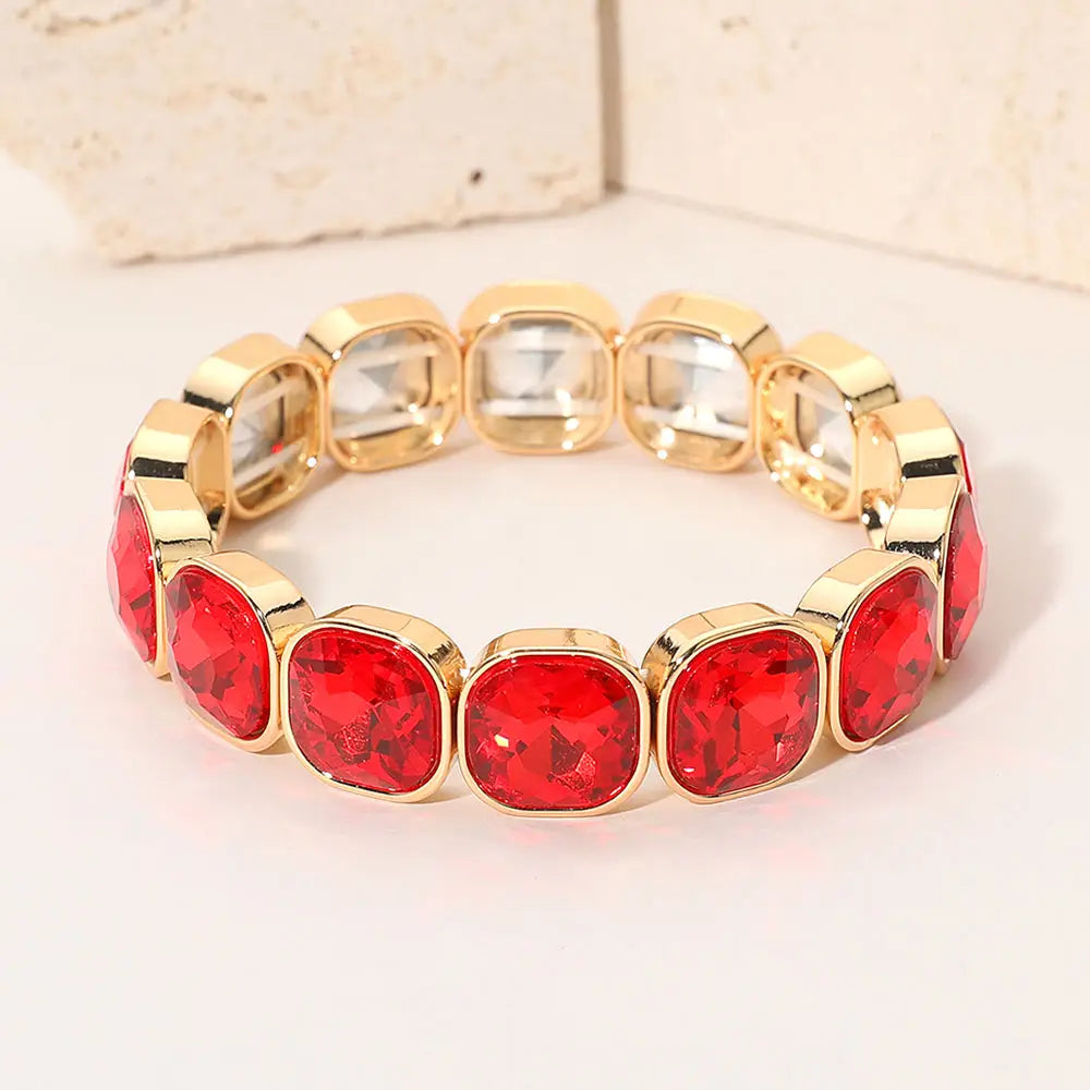 Madeline Love Gold, Red Square Cut Gem Beaded Stretch Evening Bracelet - Bracelets