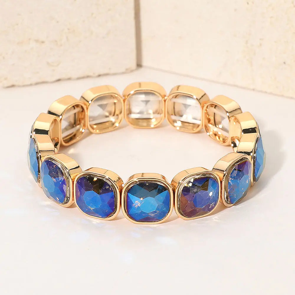 Madeline Love AB, Blue, Gold Square Cut Gem Beaded Stretch Evening Bracelet - Bracelets