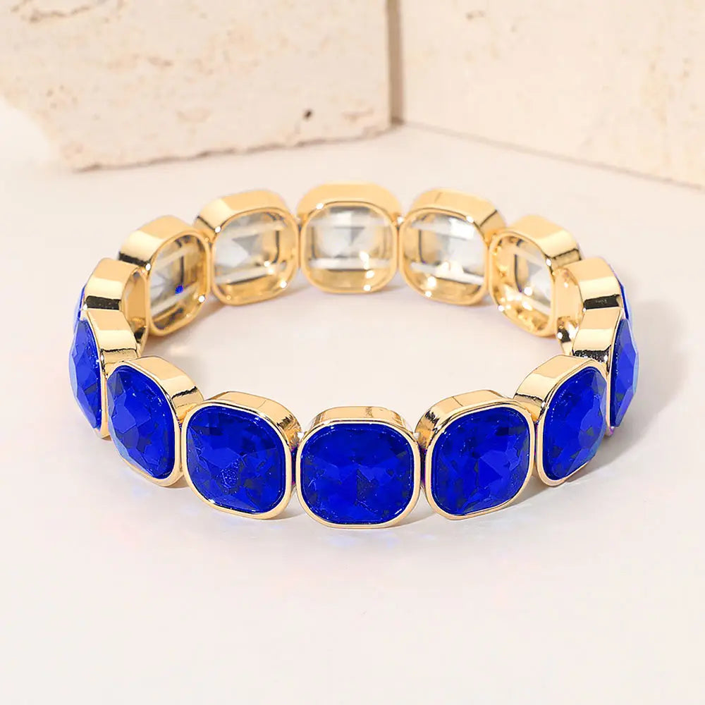 Madeline Love Gold, Sapphire Square Cut Gem Beaded Stretch Evening Bracelet - Bracelets