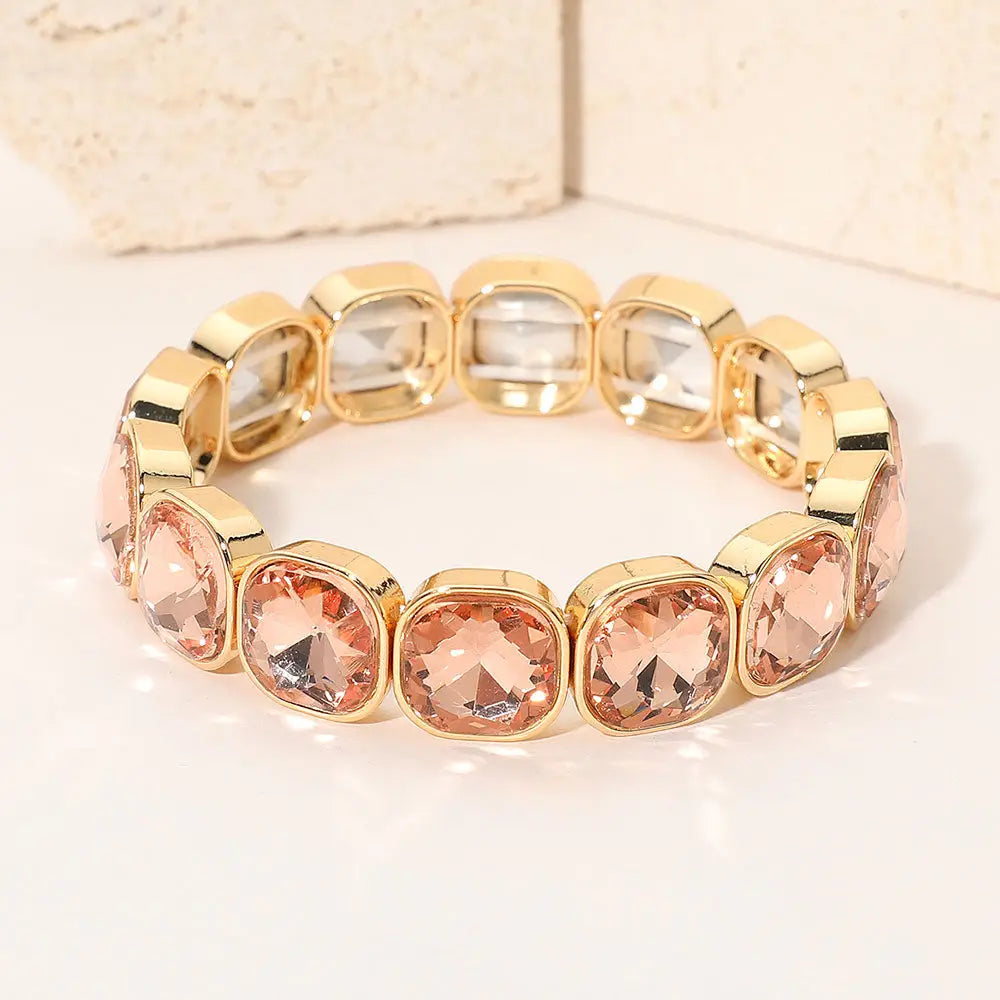 Madeline Love Gold, Peach Square Cut Gem Beaded Stretch Evening Bracelet - Bracelets