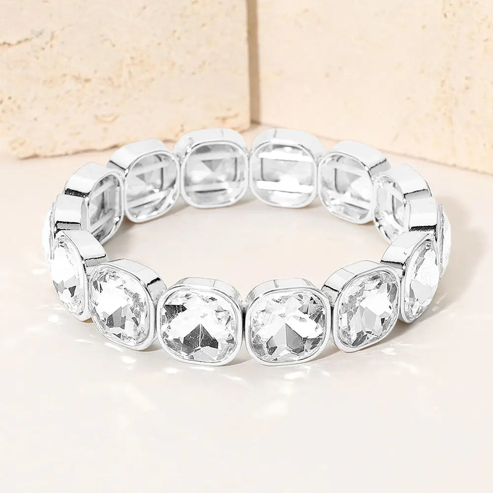 Madeline Love Clear, Silver Square Cut Gem Beaded Stretch Evening Bracelet - Bracelets