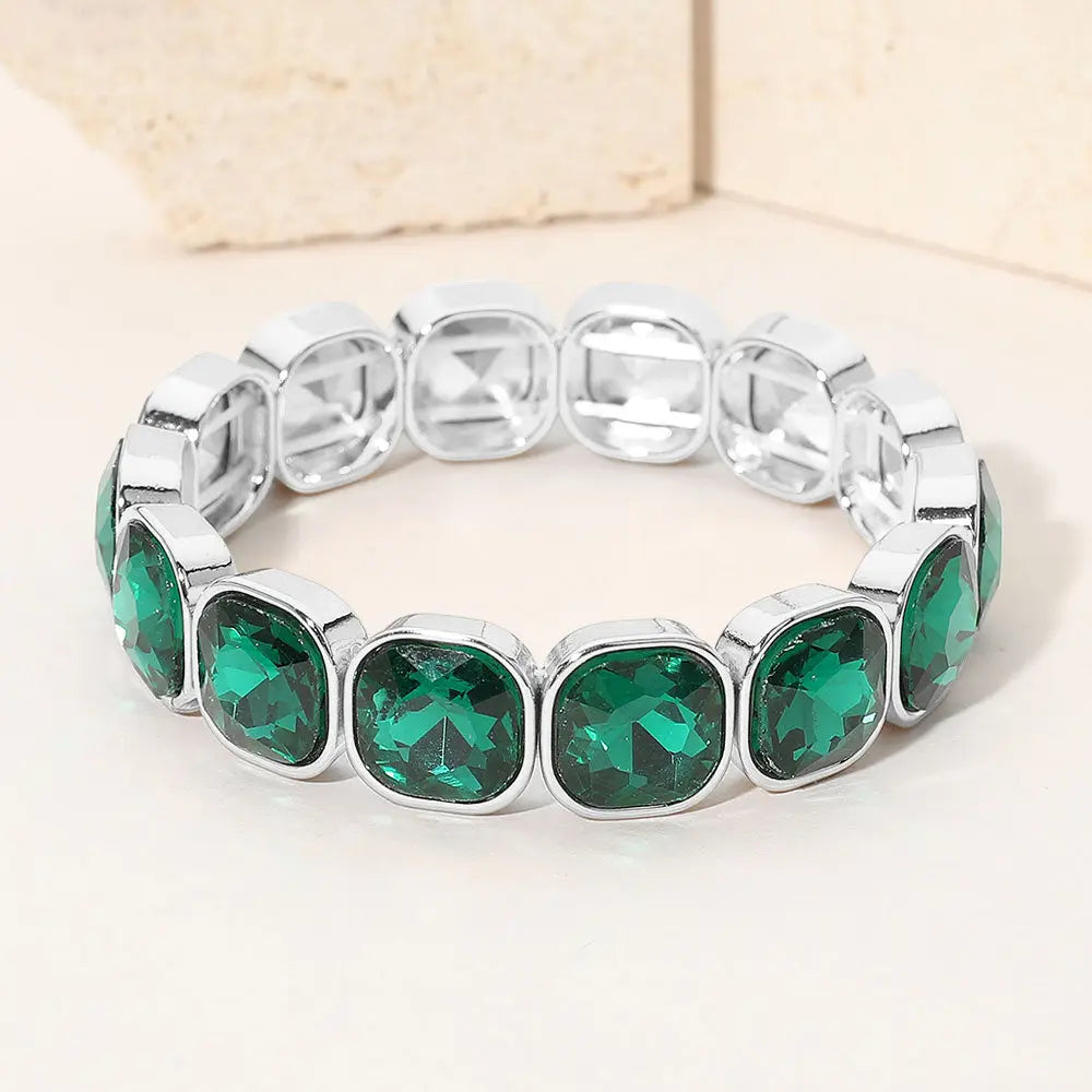 Madeline Love Emerald, Silver Square Cut Gem Beaded Stretch Evening Bracelet - Bracelets