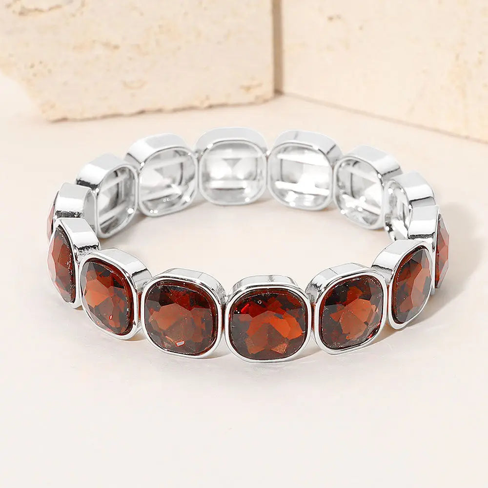 Madeline Love Brown, Silver Square Cut Gem Beaded Stretch Evening Bracelet - Bracelets