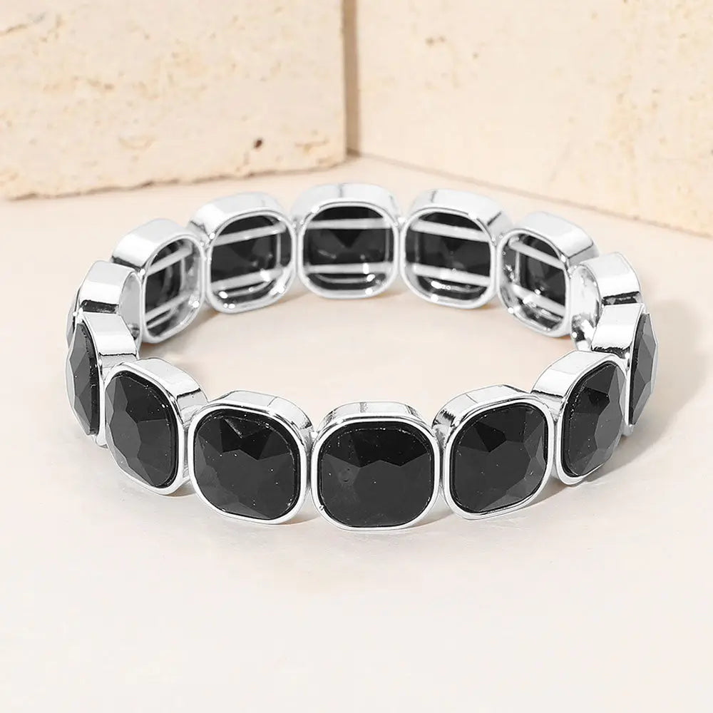 Madeline Love Black, Silver Square Cut Gem Beaded Stretch Evening Bracelet - Bracelets