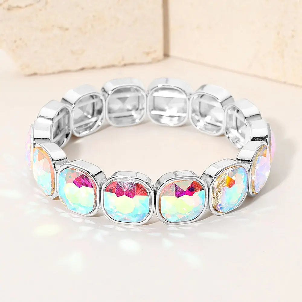 Madeline Love AB, Silver Square Cut Gem Beaded Stretch Evening Bracelet - Bracelets