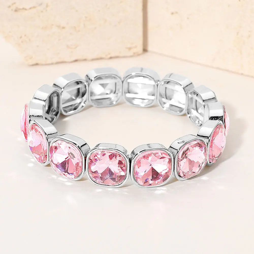 Madeline Love Pink, Silver Square Cut Gem Beaded Stretch Evening Bracelet - Bracelets