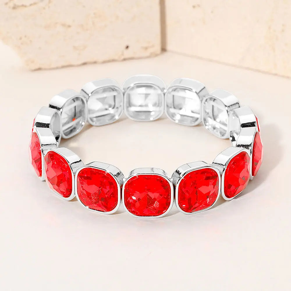 Madeline Love Red, Silver Square Cut Gem Beaded Stretch Evening Bracelet - Bracelets