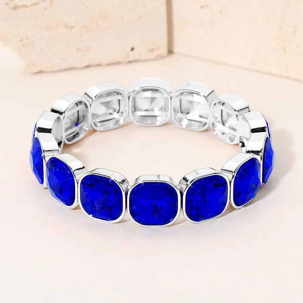 Madeline Love Sapphire, Silver Square Cut Gem Beaded Stretch Evening Bracelet - Bracelets