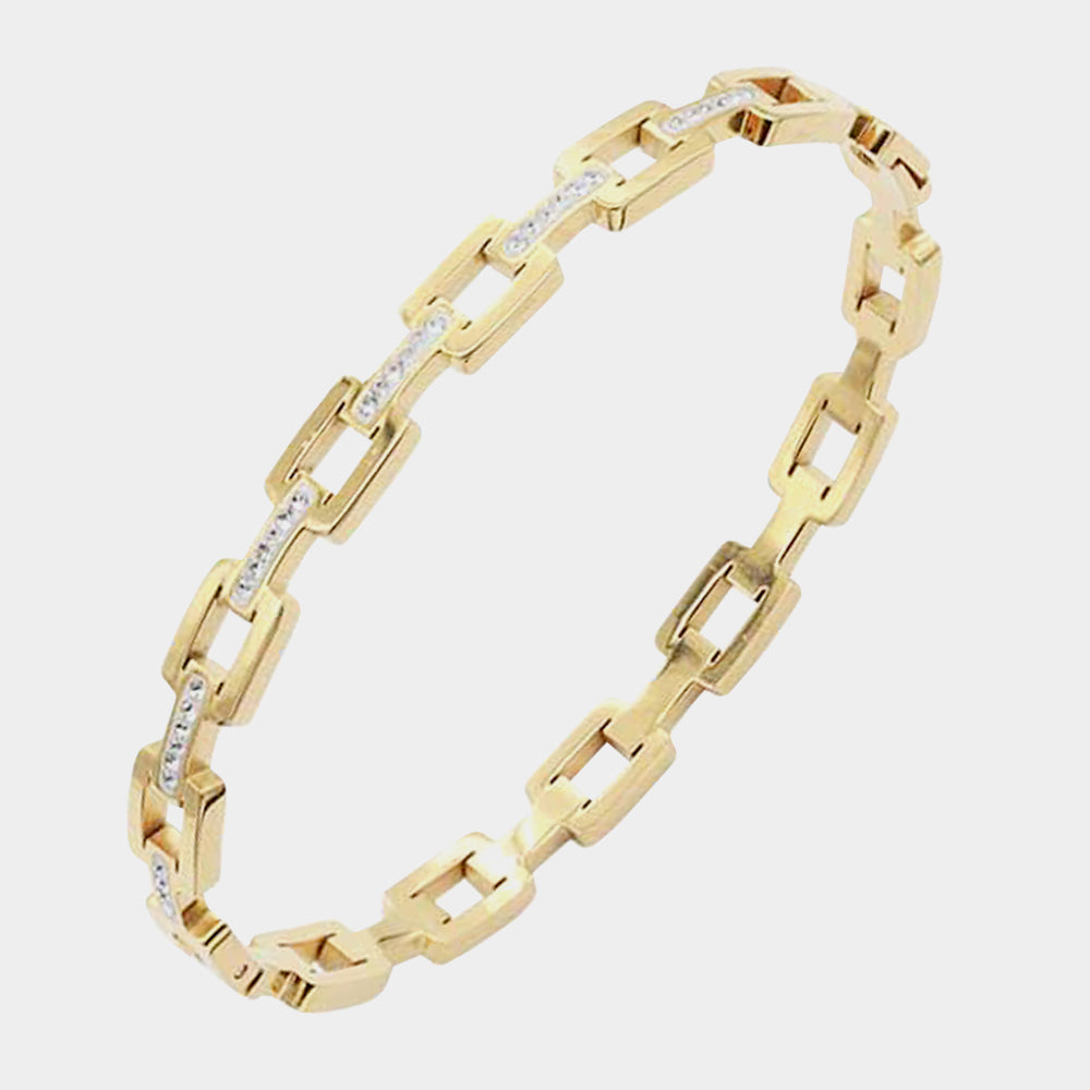 Madeline Love Gold Rhinestone Embellished Open Rectangle Link Stainless Steel Bangle Evening Bracelet - Bracelets