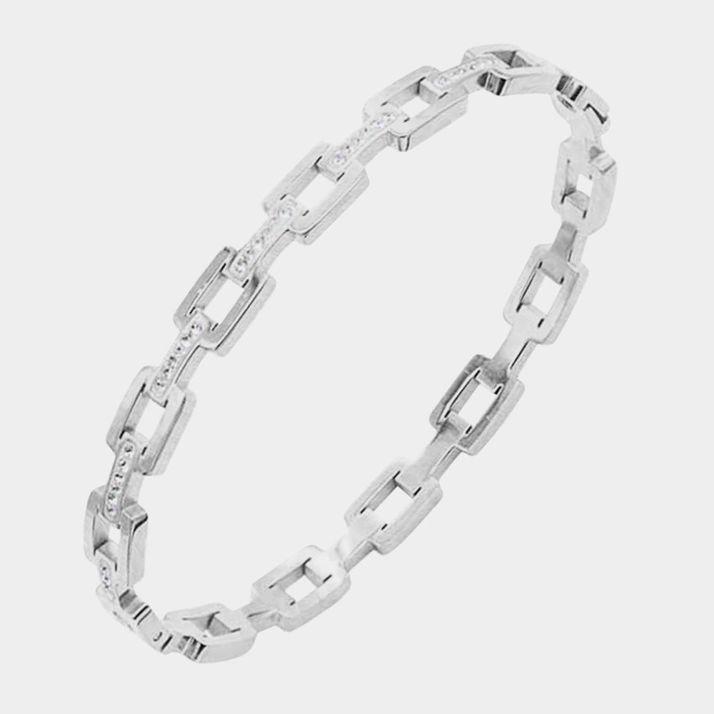 Madeline Love Silver Rhinestone Embellished Open Rectangle Link Stainless Steel Bangle Evening Bracelet - Bracelets