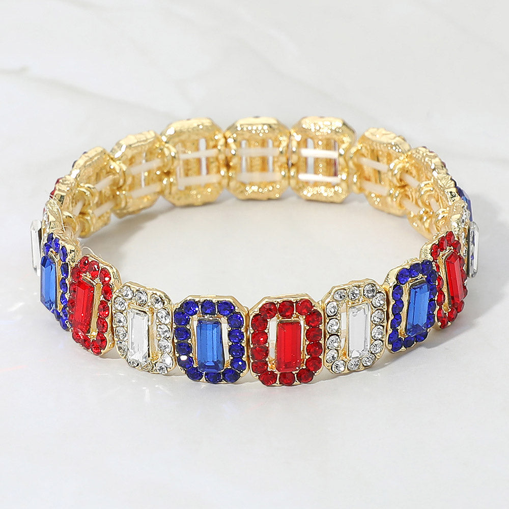 Madeline Love Gold, Multi American USA Emerald Cut Crystal Rhinestone Pave Evening Bracelet - Bracelets