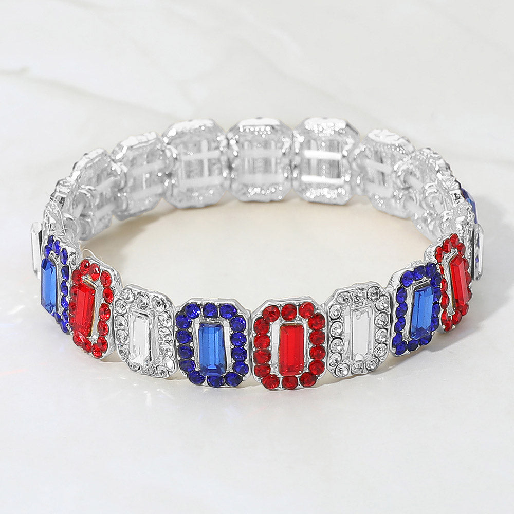 Madeline Love Multi, Silver American USA Emerald Cut Crystal Rhinestone Pave Evening Bracelet - Bracelets