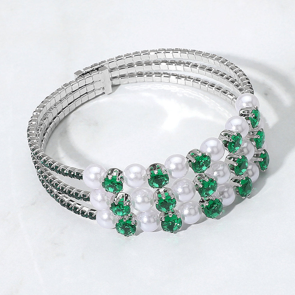 Madeline Love Emerald Pearl Stone Bezel Point Rhinestone Paved Split Adjustable Evening Bracelet - Bracelets