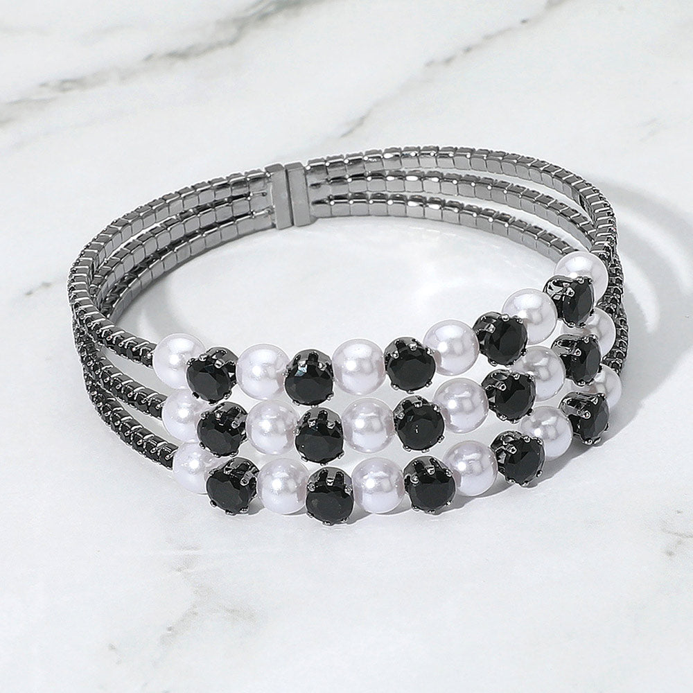 Madeline Love Jet Black Pearl Stone Bezel Point Rhinestone Paved Split Adjustable Evening Bracelet - Bracelets