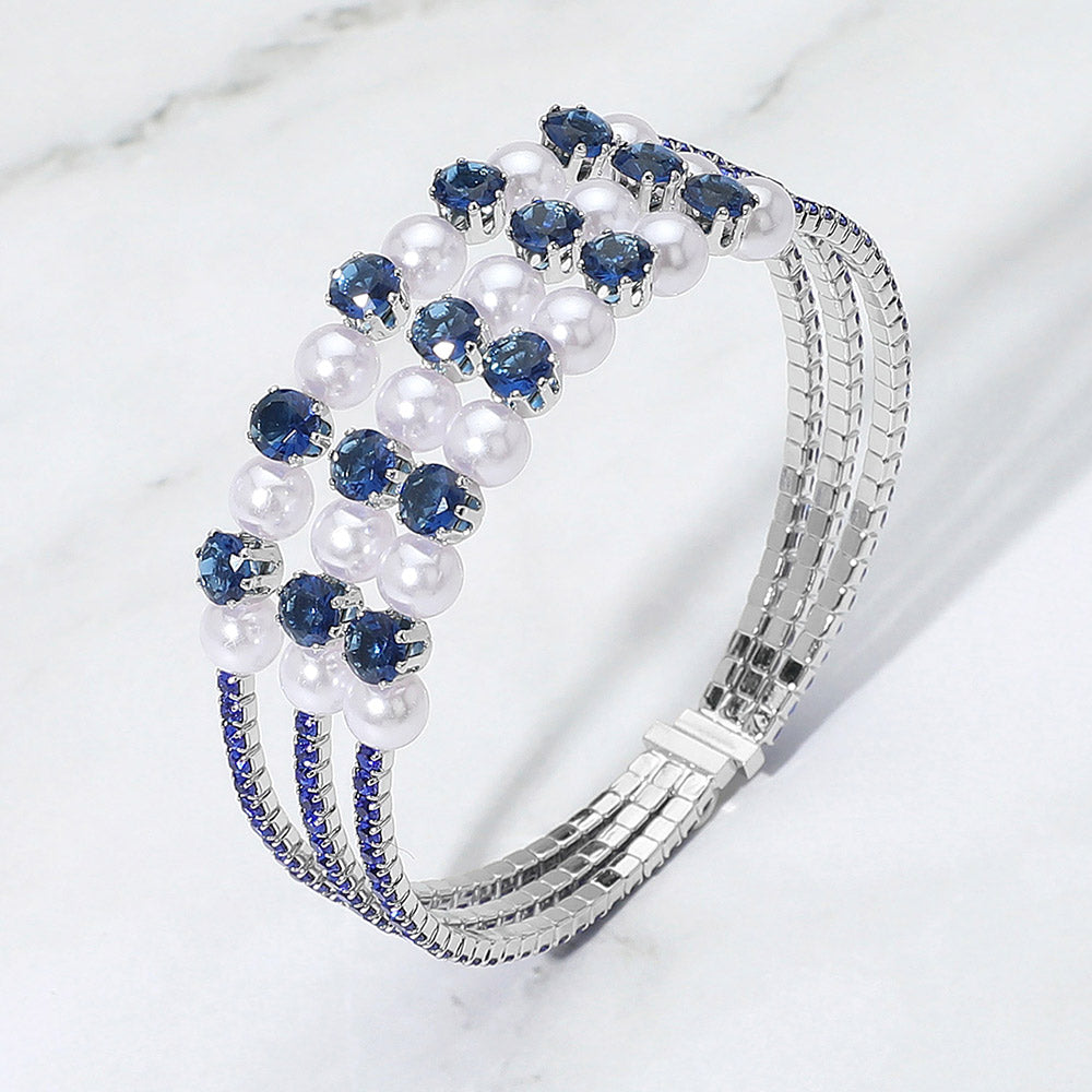 Madeline Love Navy Pearl Stone Bezel Point Rhinestone Paved Split Adjustable Evening Bracelet - Bracelets