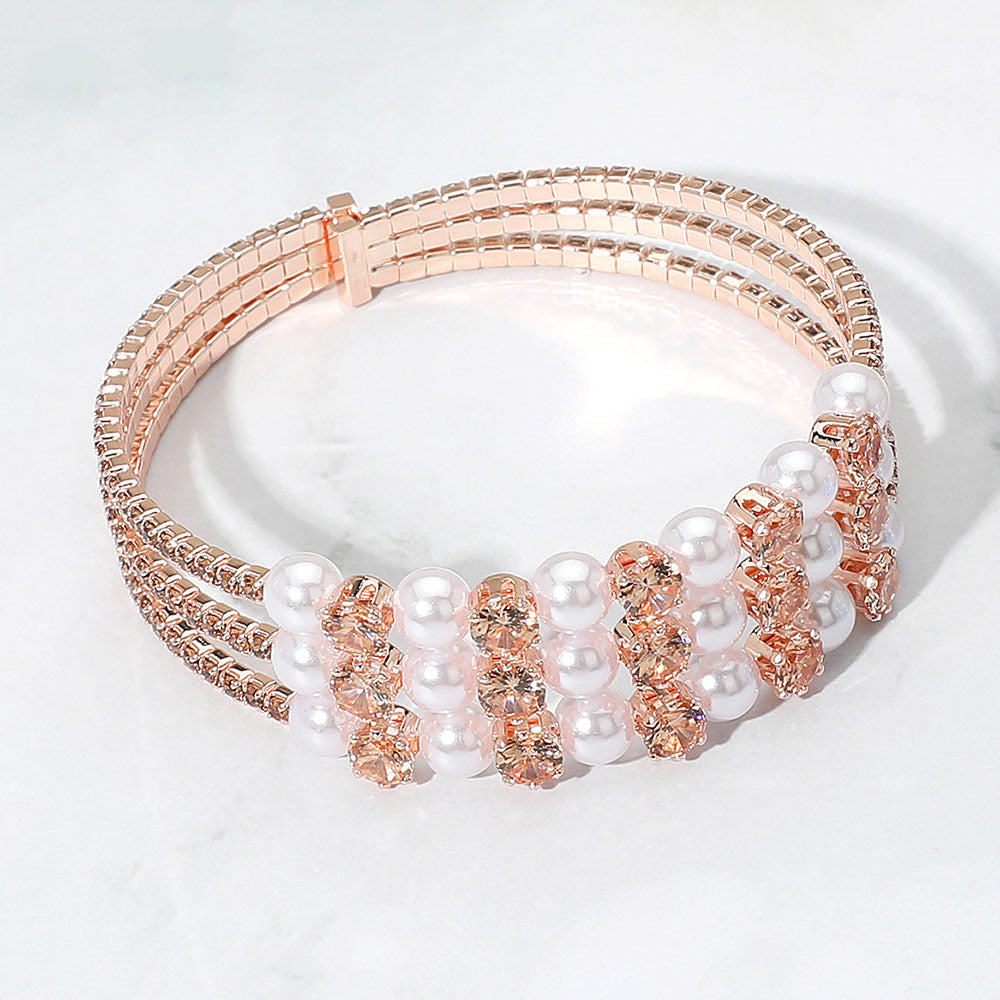 Madeline Love Peach Pearl Stone Bezel Point Rhinestone Paved Split Adjustable Evening Bracelet - Bracelets
