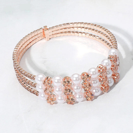 Madeline Love Peach Pearl Stone Bezel Point Rhinestone Paved Split Adjustable Evening Bracelet - Bracelets