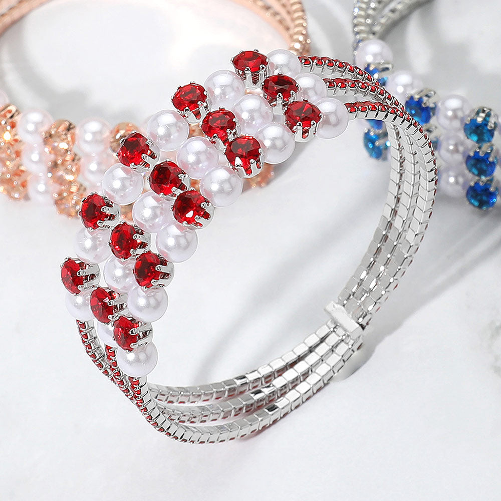 Madeline Love Red Pearl Stone Bezel Point Rhinestone Paved Split Adjustable Evening Bracelet - Bracelets