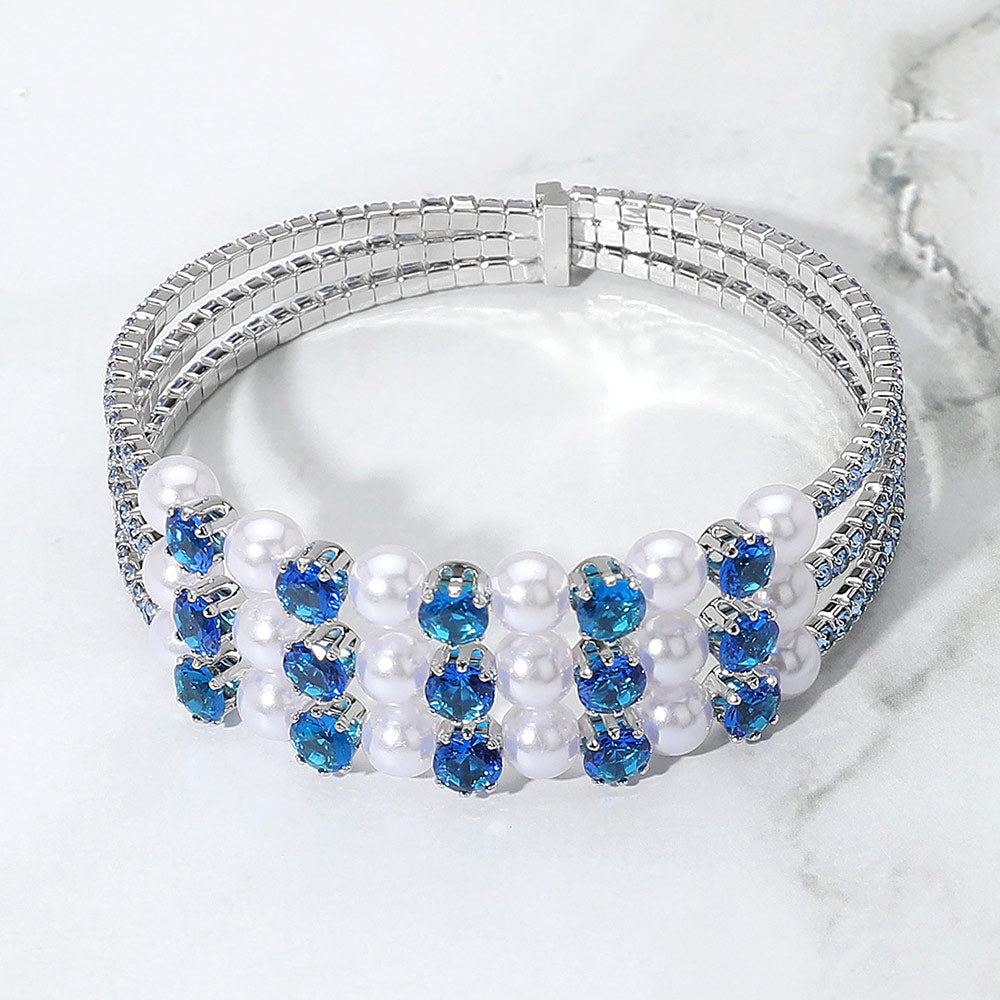 Madeline Love Royal Blue Pearl Stone Bezel Point Rhinestone Paved Split Adjustable Evening Bracelet - Bracelets