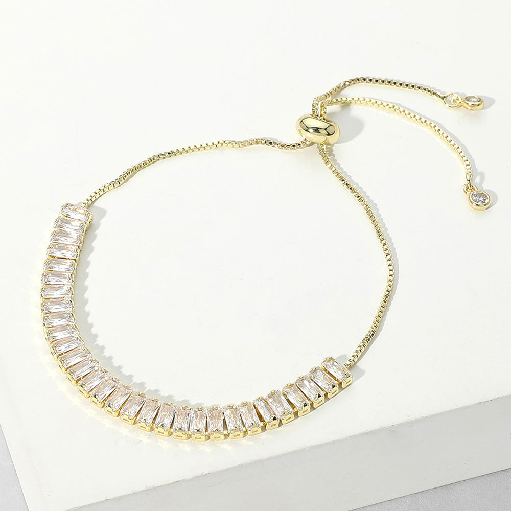 Madeline Love Clear, Gold Stainless Steel Emerald Cut CZ Stone Tennis Chain Pull Tie Adjustable Bracelet