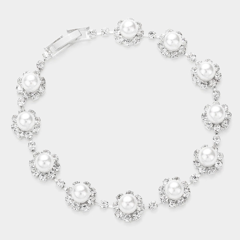 Madeline Love White Round Crystal Rhinestone Pearl Rosette Evening Bracelet - Bracelets