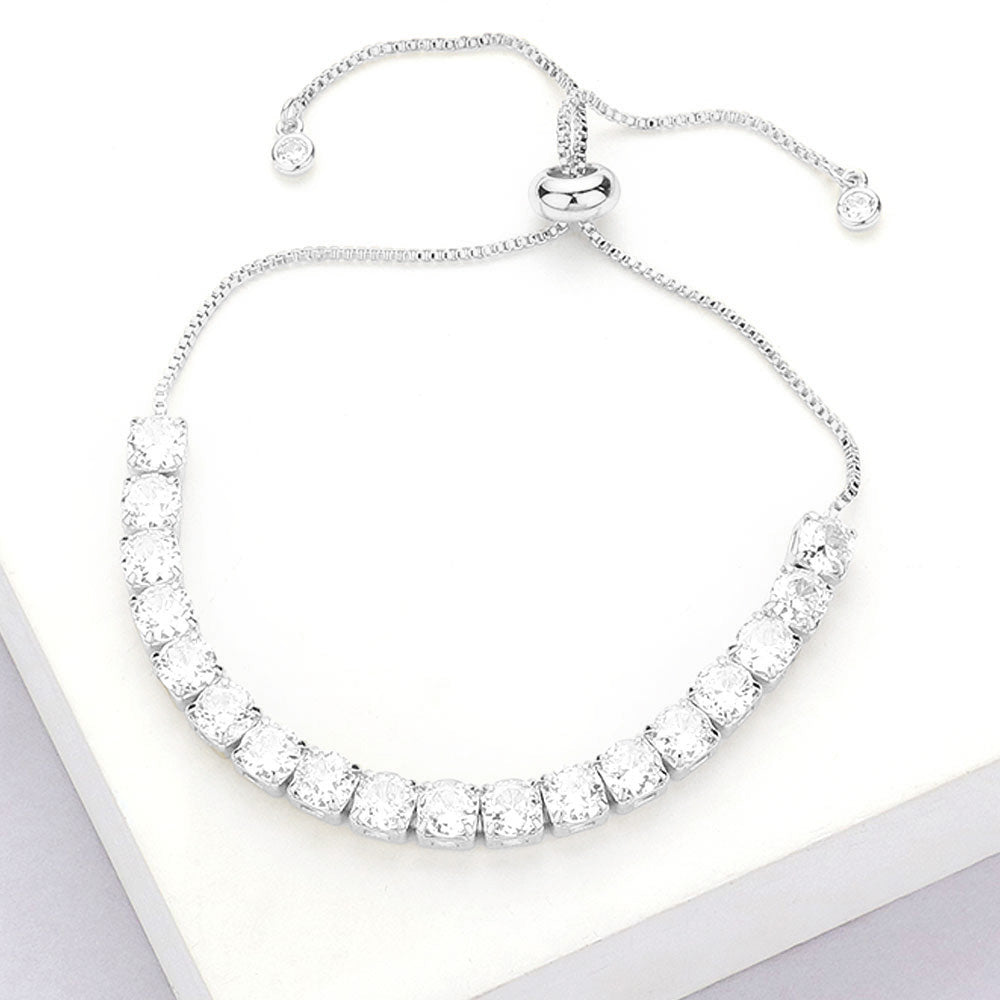 Madeline Love Clear, Silver Stainless Steel Round CZ Stone Tennis Chain Pull Tie Adjustable Bracelet