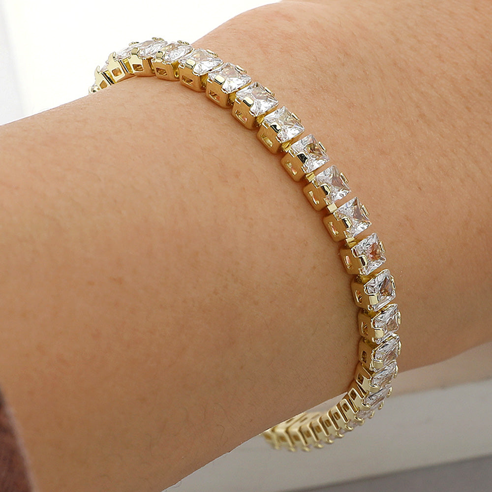 Madeline Love Clear, Gold Square CZ Stone Tennis Chain Evening Bracelet - Bracelets