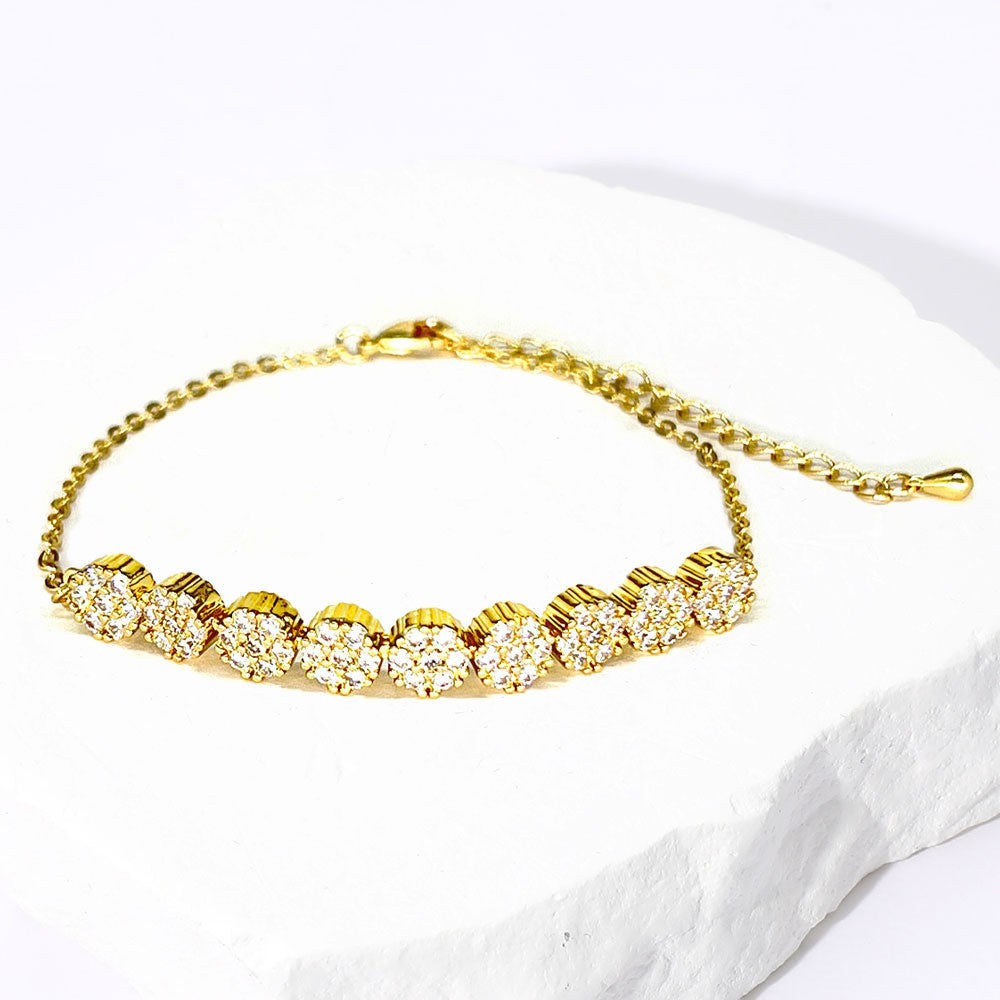Madeline Love Clear, Gold CZ Stone Paved Floral Disc Cluster Adjustable Bracelet - Bracelets