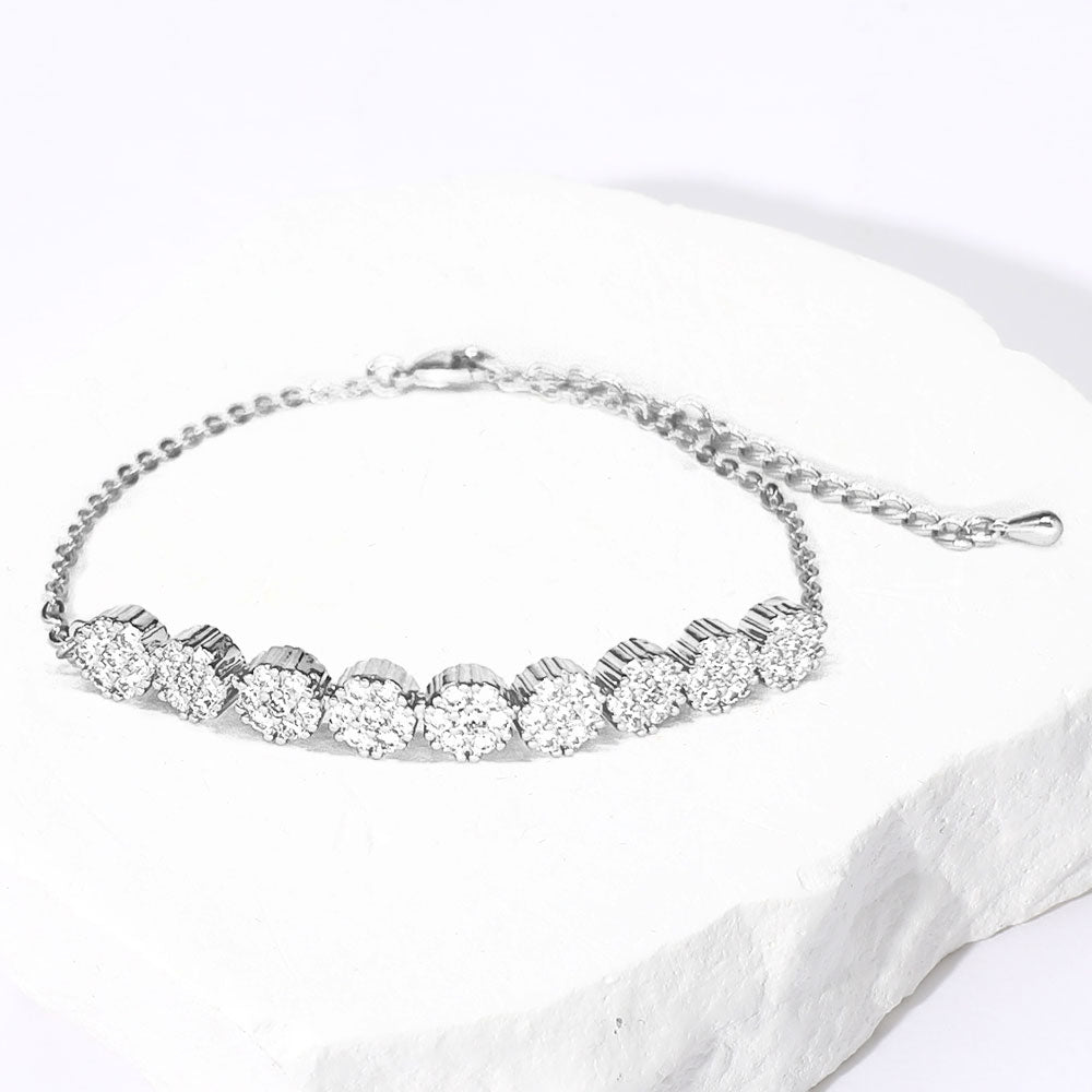 Madeline Love Clear, Silver CZ Stone Paved Floral Disc Cluster Adjustable Bracelet - Bracelets