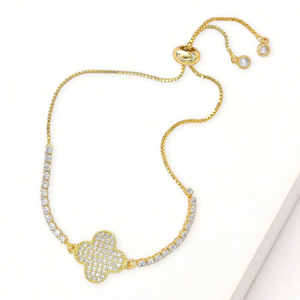 Madeline Love Clear, Gold CZ Stone Paved Quatrefoil Accent Pull Tie Adjustable Bracelet - Bracelets
