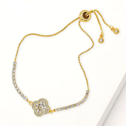 Madeline Love Clear, Gold Quatrefoil CZ Stone Accent Pull Tie Adjustable Bracelet - Bracelets