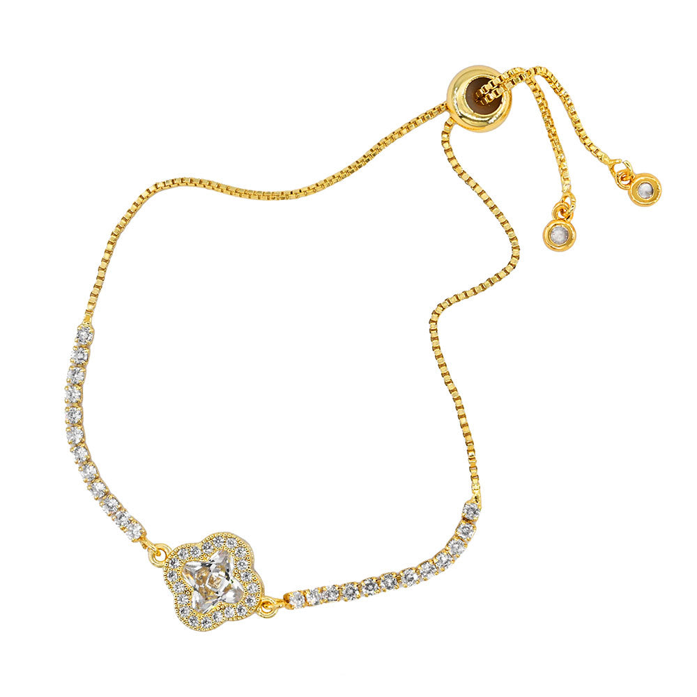 Madeline Love Clear, Gold Quatrefoil CZ Stone Accent Pull Tie Adjustable Bracelet - Bracelets - desc