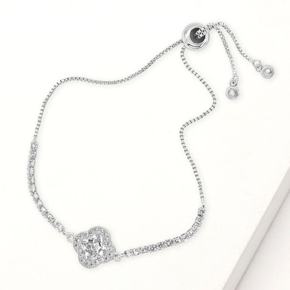 Madeline Love Clear, Silver Quatrefoil CZ Stone Accent Pull Tie Adjustable Bracelet - Bracelets