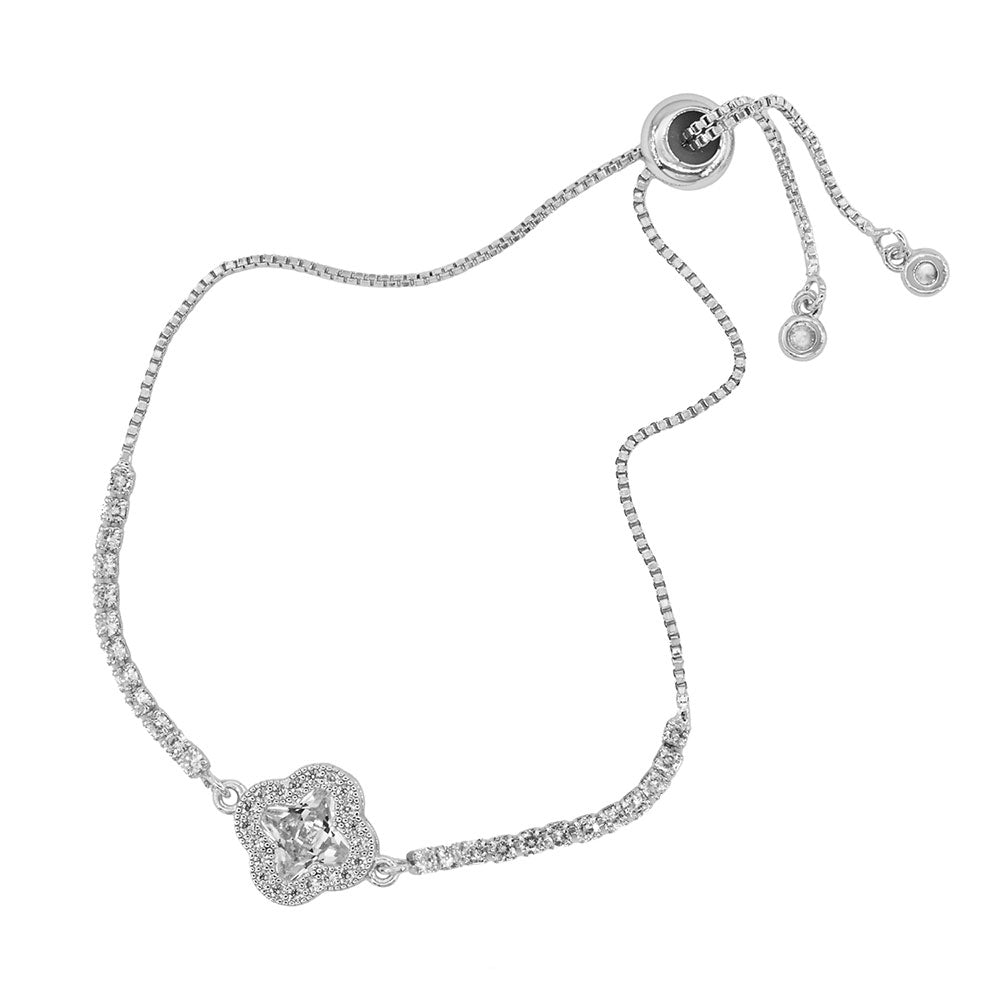 Madeline Love Clear, Silver Quatrefoil CZ Stone Accent Pull Tie Adjustable Bracelet - Bracelets - desc