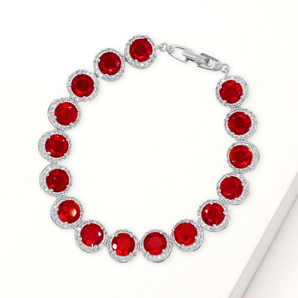 Madeline Love Red, Silver Round Halo CZ Stone Link Bracelet