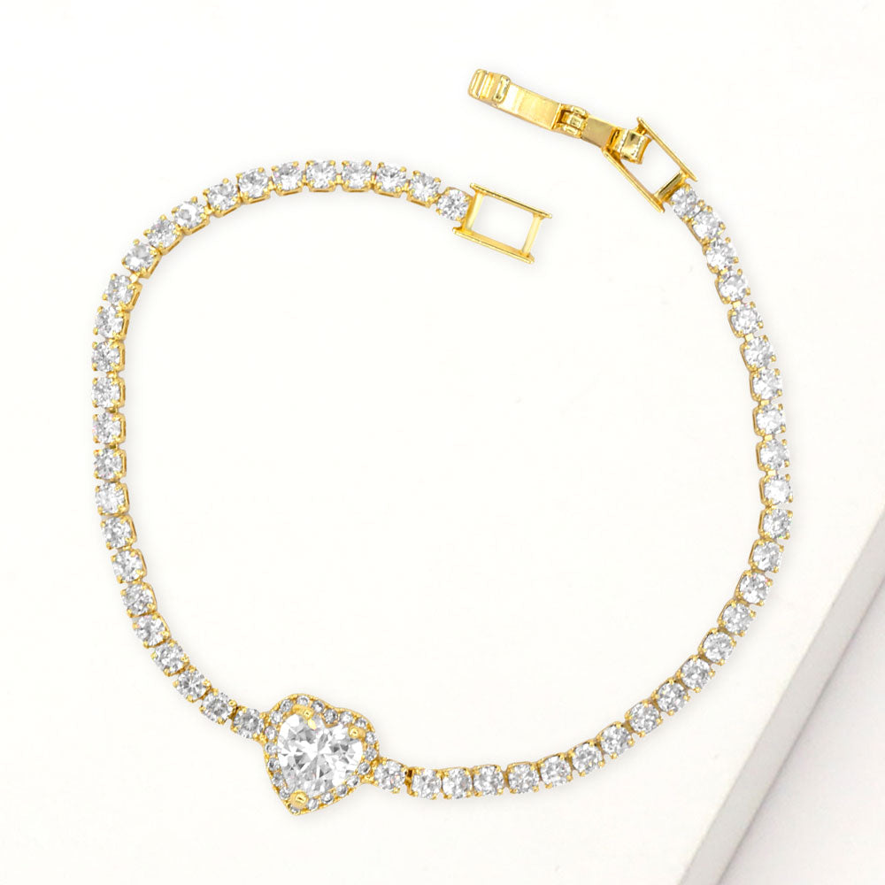 Madeline Love Clear, Gold Heart CZ Stone Accent Tennis Bracelet