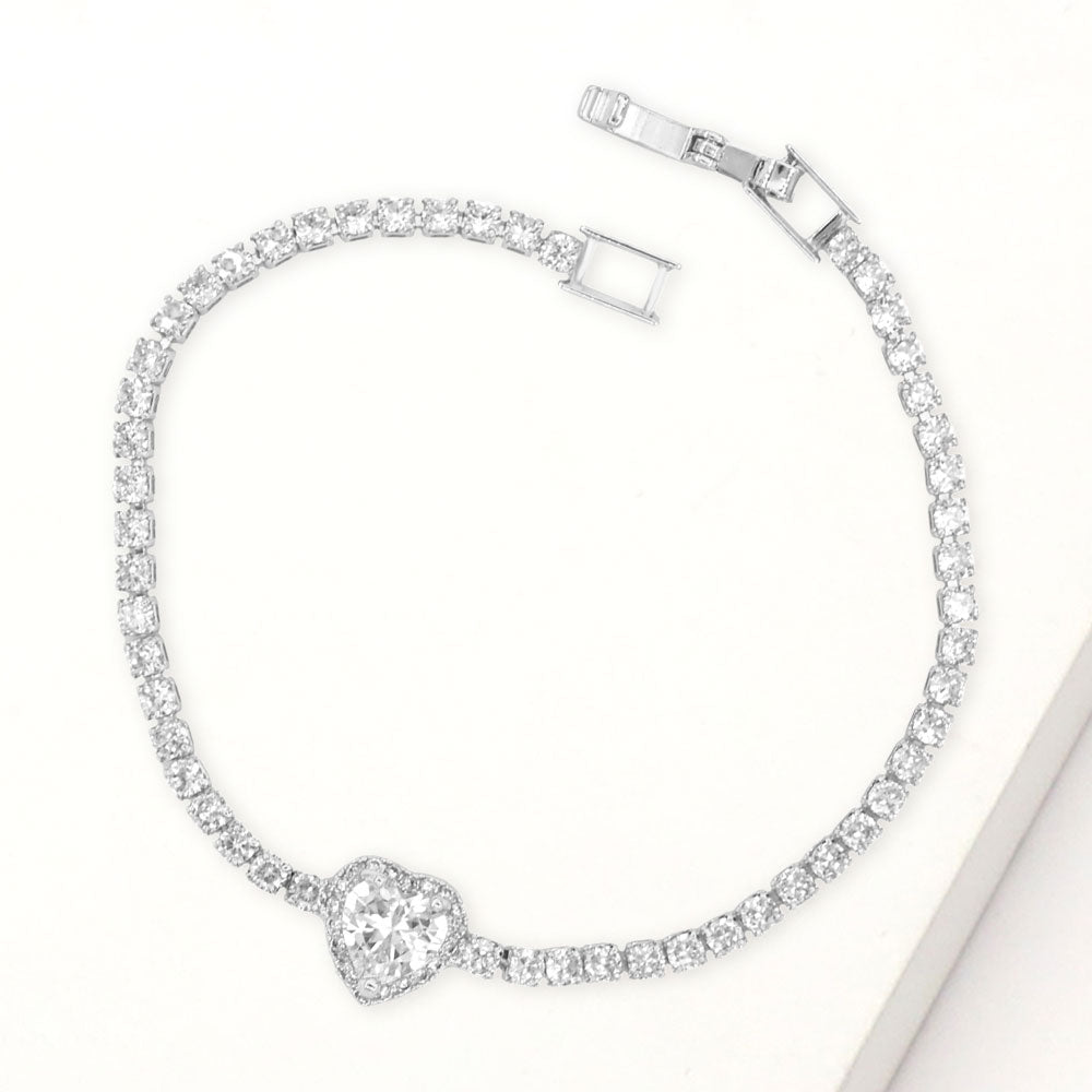 Madeline Love Clear, Silver Heart CZ Stone Accent Tennis Bracelet