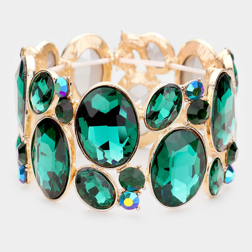 Madeline Love Gold, Green Oval Crystal Rhinestone Stretch Bracelet - Bracelets