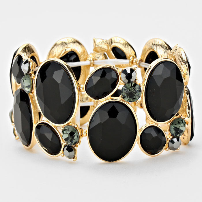 Madeline Love Black, Gold Oval Crystal Rhinestone Stretch Bracelet - Bracelets