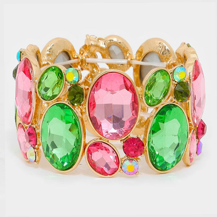 Madeline Love Gold, Pink&Green Oval Crystal Rhinestone Stretch Bracelet - Bracelets