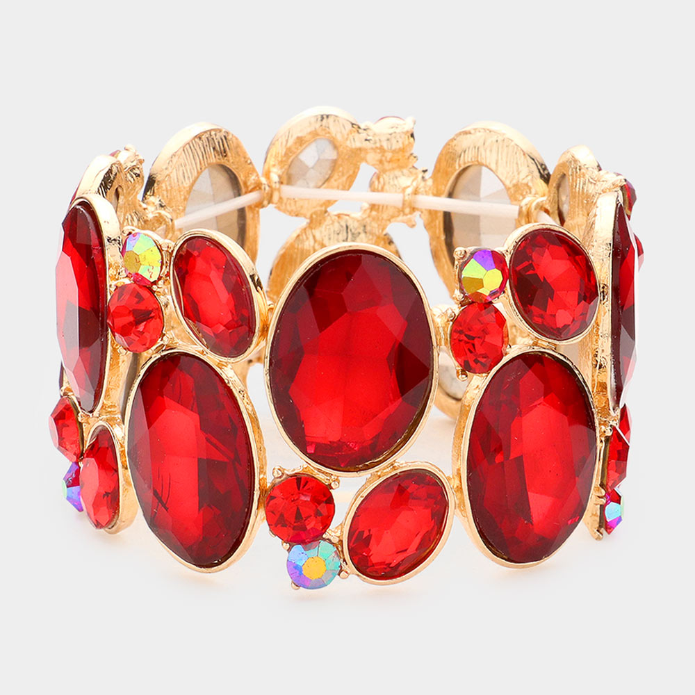 Madeline Love Gold, Red Oval Crystal Rhinestone Stretch Bracelet - Bracelets