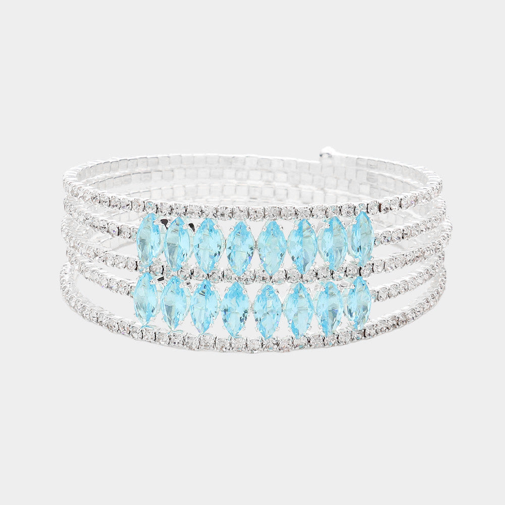 Madeline Love Silver, Turquoise CZ Marquise Stone Accented Rhinestone Paved Adjustable Evening Bracelet - Bracelets