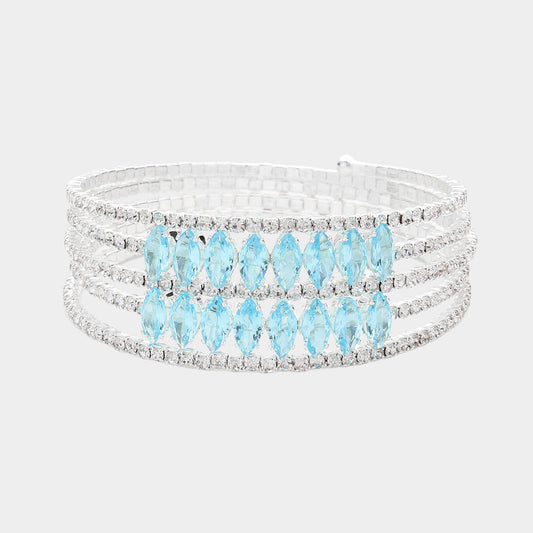 Madeline Love Silver, Turquoise CZ Marquise Stone Accented Rhinestone Paved Adjustable Evening Bracelet - Bracelets